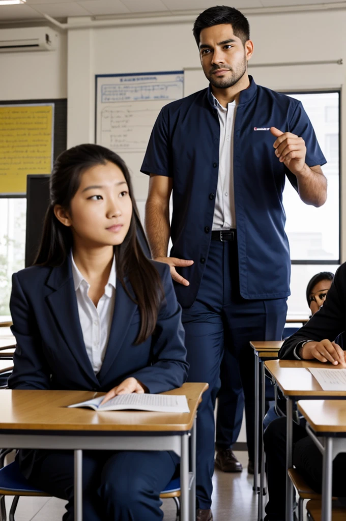 The teacher sees his student in front of the class