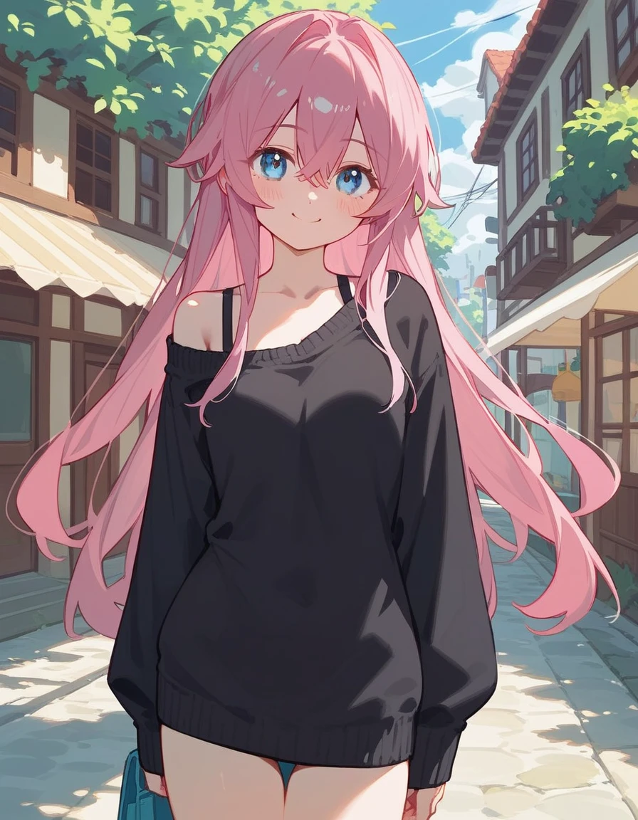 One girl, Shikimori-san, Pink Hair, Long Hair, blue eyes, Hair between the eyes, bangs, blush, compensate, smile, chest, Black sweater, Bare shoulders, No sleeve, skirt, View your viewers,Bare Belly,Show your underwear,masterpiece, Highest quality,nsfw,In town,