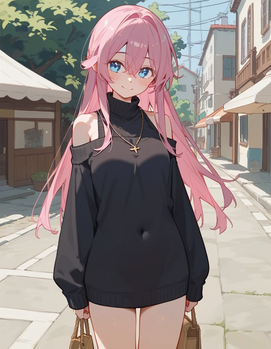 One girl, Shikimori-san, Pink Hair, Long Hair, blue eyes, Hair between the eyes, bangs, blush, compensate, smile, chest, Black sweater, Bare shoulders, No sleeve, skirt, View your viewers,Bare Belly,Show your underwear,masterpiece, Highest quality,nsfw,In town,