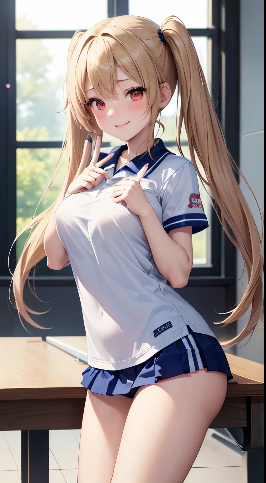 最high quality、Best image quality、masterpiece、With a girl((, Play sports frequently、Best Bust、Bust 90、Blonde twin tails、Red eyes、Open your chest wide, thin, smile, liar、Troubled expression、 Table Tennis Uniform、peace sign、Are standing))、high quality、Beautiful art、With background((Sports club))、Tabletop、Exquisite design、Visual Arts、