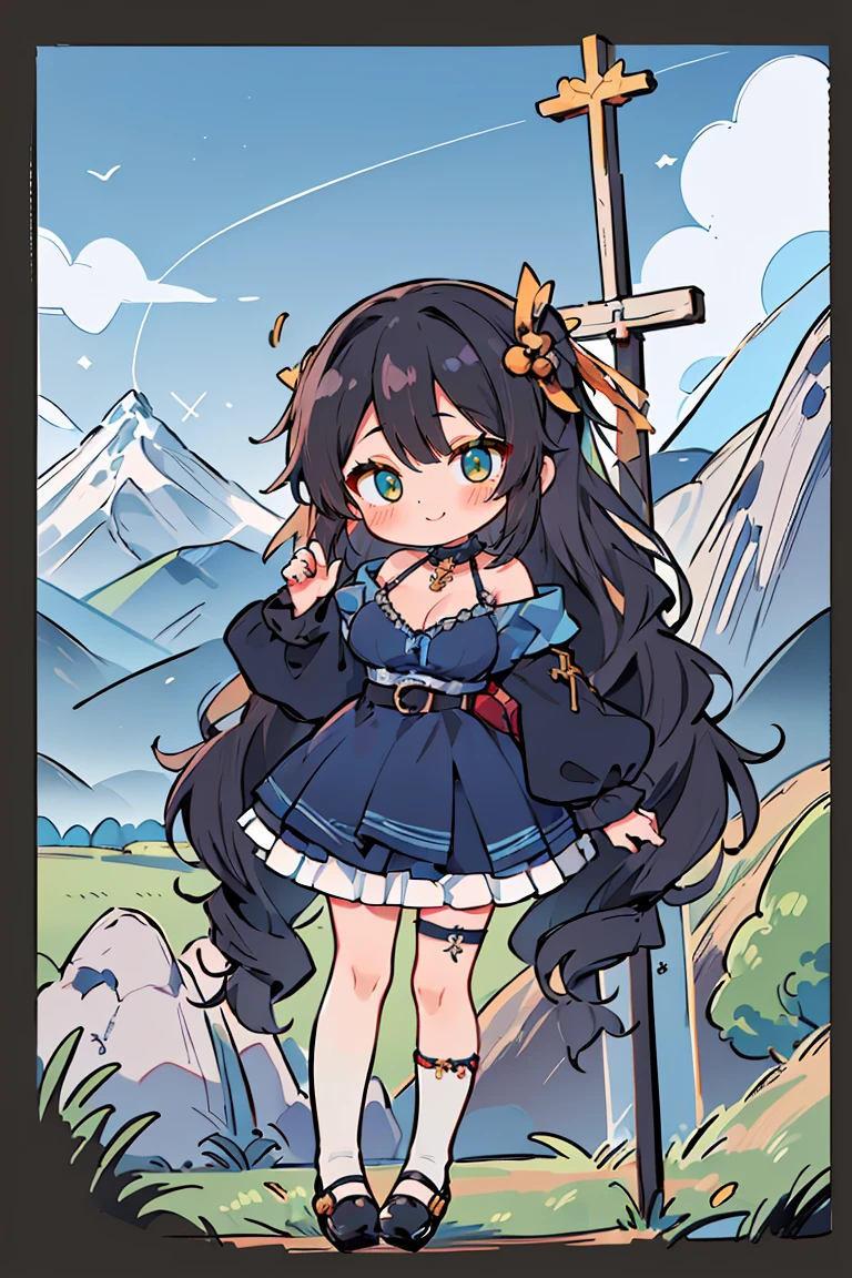 (masterpiece:1.2), (high quality:1.2), hui xiyi, rekkyo sensen, rekkyou sensen, (chibi, full body:1.45), solo focus, girls with((black hair, tits cleavage, exposed breasts, breasts close up, dress, (blue clothes:1.3), ribbon belt, off-shoulder sleeves, long sleeves, furry jacket, frills shirt, frills camisole, straps, (rosary choker, golden rosary, cross:1.05), (strap shoes, black shoes, exposed legs, exposed foots, left legwear, white legwear:1.67), (long wavy hair, one side up:1.4))), background with ((architecture, blue sky, bush, castle, village, no humans, cloud, cloudy sky, day, fence, field, garden, grass, hill, house, lamppost, landscape, mountain, mountainous horizon, nature, no humans, outdoors, scenery, shrine, sky, tower))