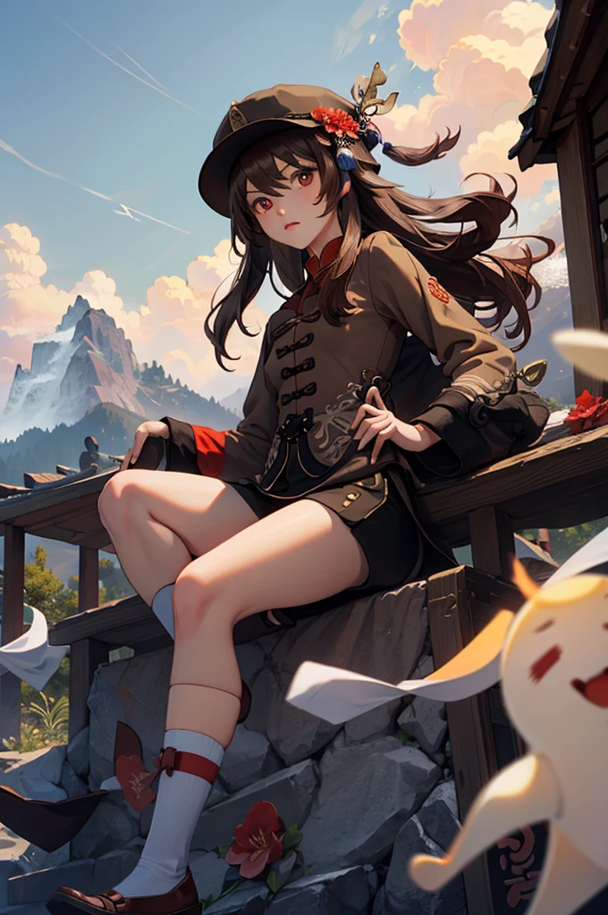 1 girl solo, brown jacket, long brown hair, red eyes, brown hat with red flowers, in a small medieval chinese town, old chinese buildings, mountains far on background, chinese temple