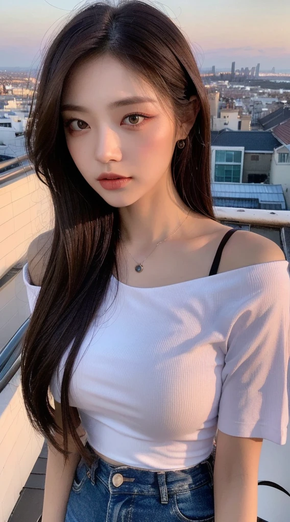 ((midnight, best quality, 8K, masterpiece :1.3)), whole body, long legs, sharp focus :1.2, pretty girl with perfect body :1.4, slim abs :1.1, ((dark brown hair, big bust :1.2)), (white tight t-shirt, bib jeans, standing:1.2), ((night city view, rooftop:1.3)), Highly detailed face and skin texture, detailed eyes, double eyelid, sunset, become dark, backlight, off shoulder