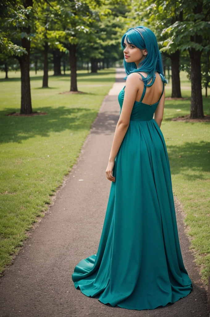 A girl with blue hair wear green gown