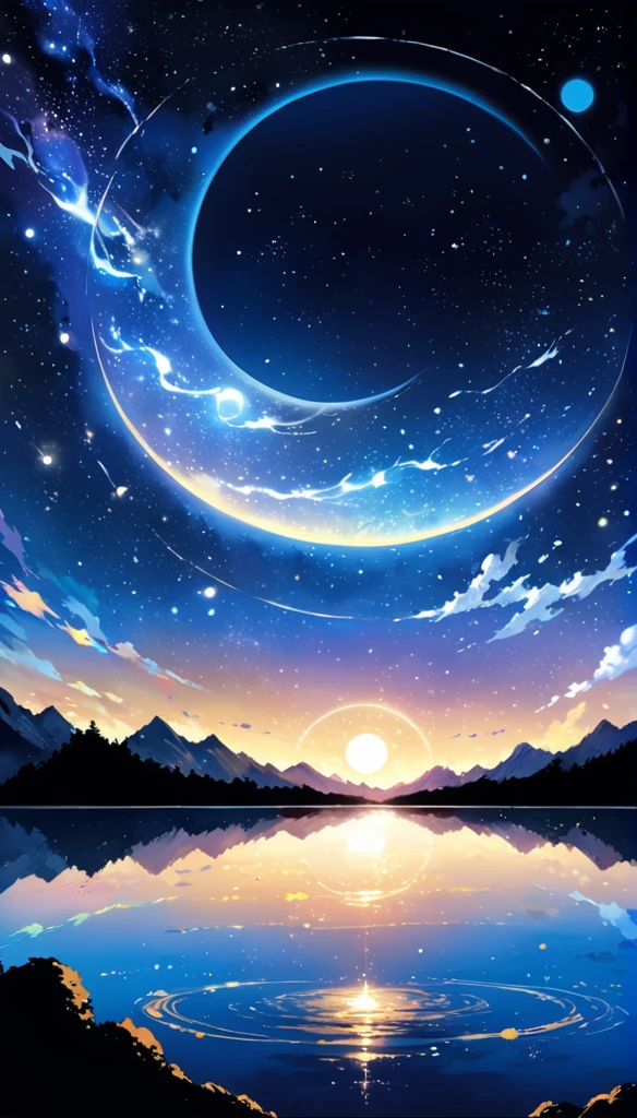 A condensed beauty of a painting of a river and the stars and moon in the sky, Concept art inspired by Mitsuoki Tosa, pixiv Contest Winner, highest quality, Fantasy art, Beautiful anime scene, Bright moon circle, Starry Sky environment in the moonlight, Dream Painting, Anime Background art, Dreamscape Painting, Great night, Anime Background, Background artwork, Great art, Atmospheric anime, Starry Sky, Detail enhancement.  