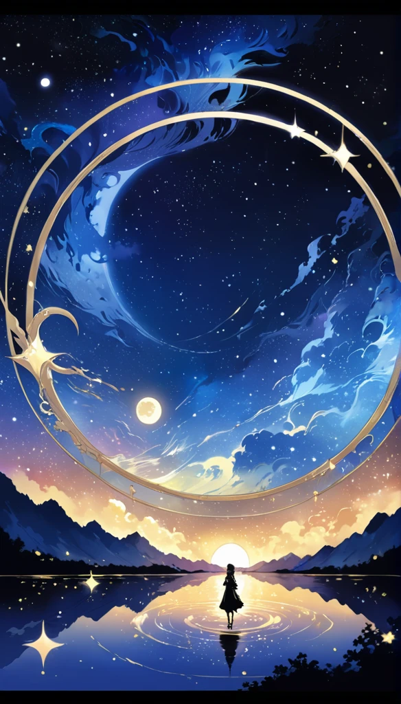 A condensed beauty of a painting of a river and the stars and moon in the sky, Concept art inspired by Mitsuoki Tosa, pixiv Contest Winner, highest quality, Fantasy art, Beautiful anime scene, Bright moon circle, Starry Sky environment in the moonlight, Dream Painting, Anime Background art, Dreamscape Painting, Great night, Anime Background, Background artwork, Great art, Atmospheric anime, Starry Sky, Detail enhancement.