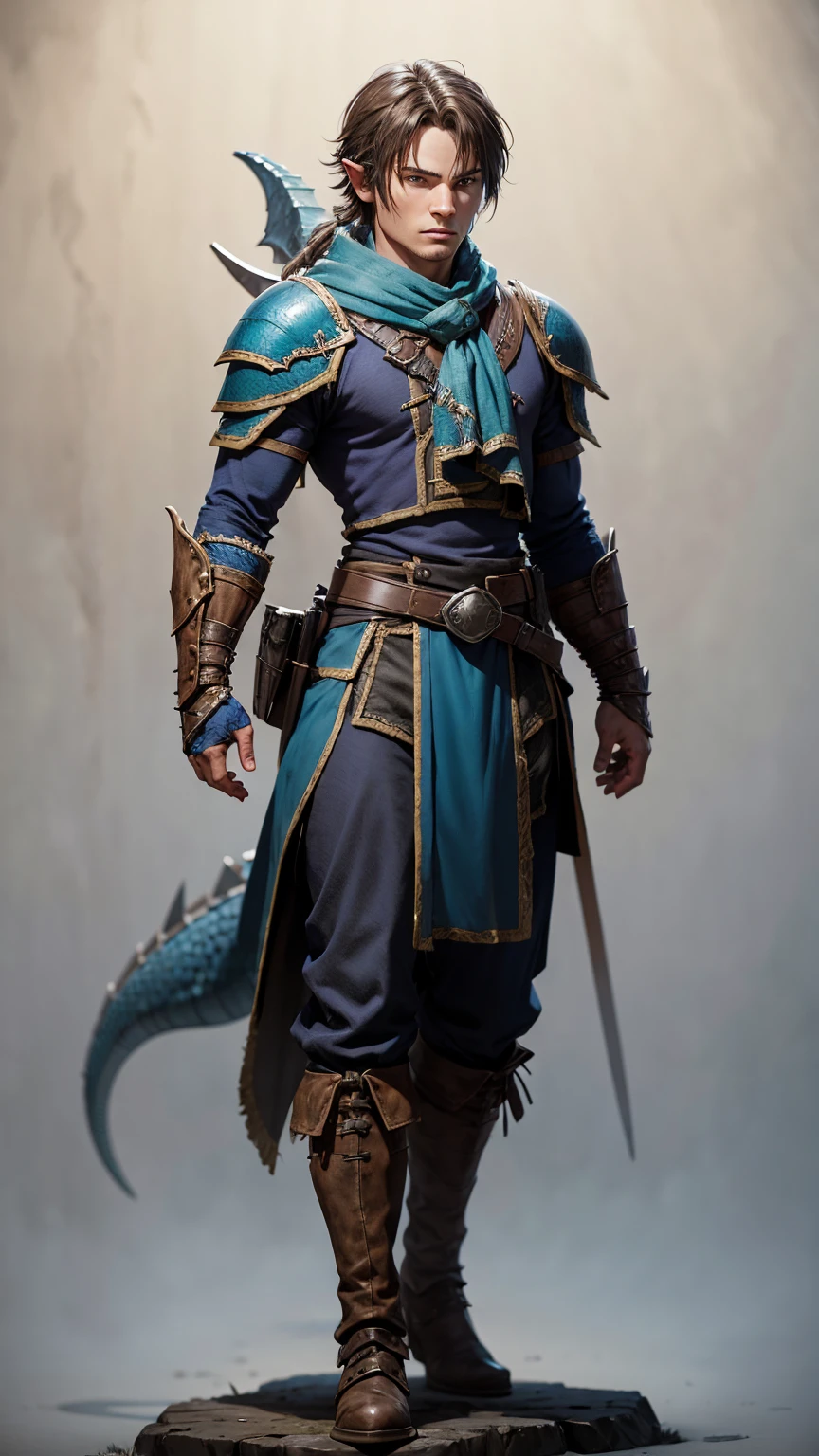 dungeons & dragons rpg blue dragonborn ranger hunter with bow full body scene