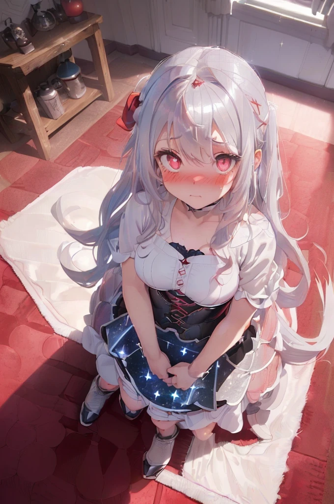 (silber hair:1.5),(Fluffy hair with curls:1.2),(red eyes:1.3),(With bangs),Slight red tide,(corset 1.45), (A room at night with moonlight shining in:1.6),(Your eyes are shining like stars:1.5),(A man's room living alone:1.45),(Fluffy carpet:1.35),(Eye size:1.7),(drooing eyes:1.65),(close up of face:1.35),(SM Play:1.4),(Meet and greet at the entrance:1.3),(look up as if clinging to:1.45),(red blush:1.4),(Perspective from above:1.4), Pale skin, White hair, Blue hoodie, Tails, Solo