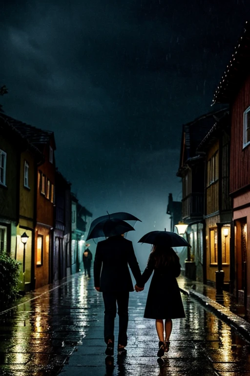 night,Cute women and handsome men,rain,Umbrella,separate,Walking in the spooky village,Back,