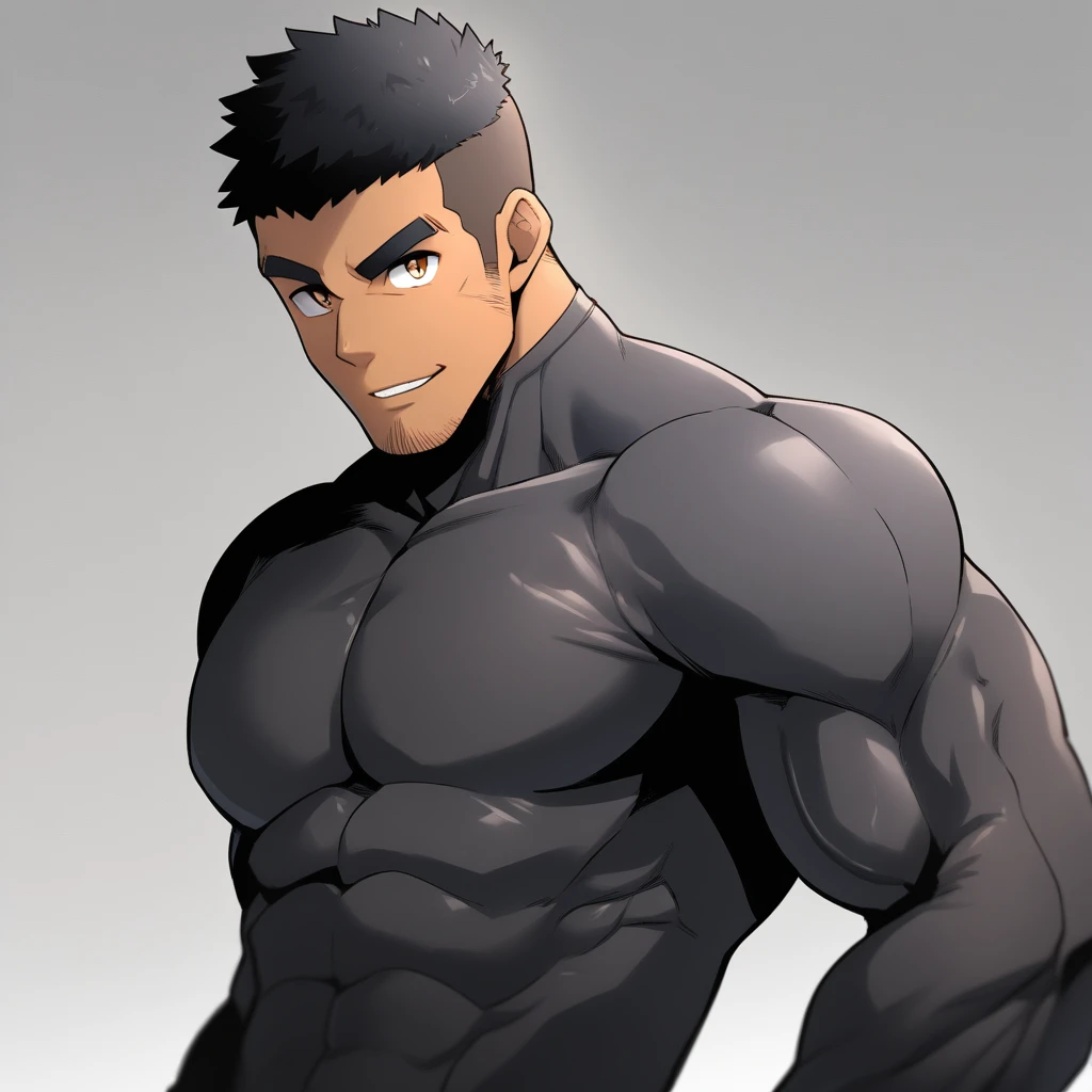 anime characters:Gyee, Muscle Sports Student, negro black skin, 1 dark skin muscular tough guy, Manliness, male focus, Brown long-sleeved high-necked tight diving suit, Very tight, Round, full and perky chest muscles, Perfect waist line, Slightly transparent, muscular male, muscular, only, Upper body, alone, Black short hair, Thick eyebrows, stubble, Brown eyes, Grey background, simple background, amazing quality, best aesthetics, Ridiculous, bright pupils, crew cut, parted lips, seductive smile, torogao, naughty face, best quality