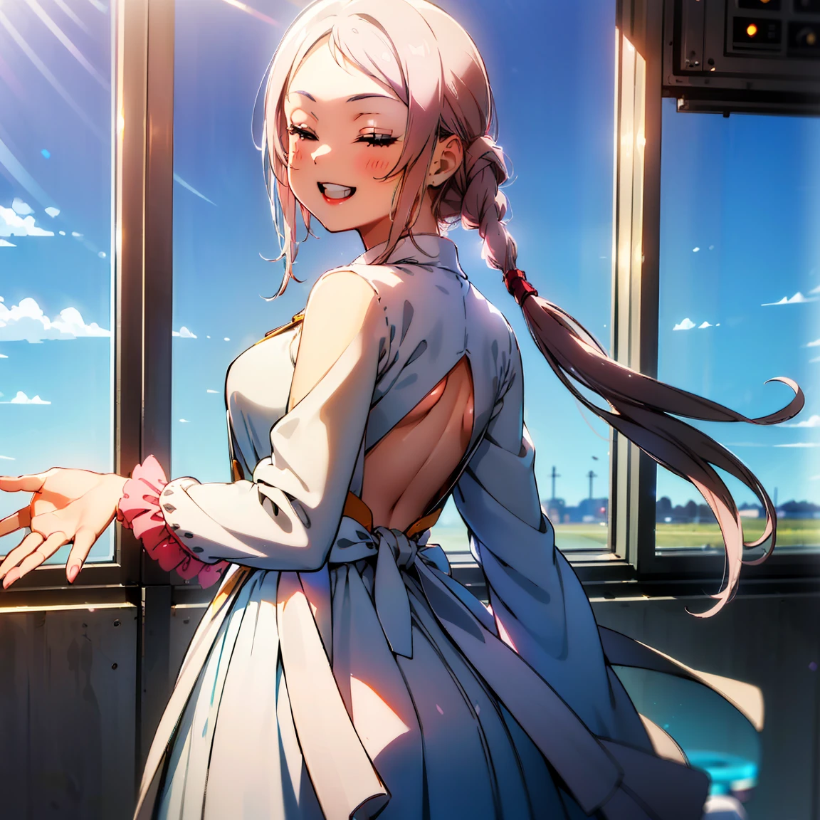 Lanzhu Zhong, twin braids, twintails, light pink hair, blue green eyes, long hair, (Pure white dress: 1.5)), ((Luxurious dress: 1.5)), ((Cute frilly dress: 1.5)), High quality, (8K, Raw, Best quality, Real: 1.5)), Ultra high quality, High quality, Best quality, Perfect face, Perfect limbs, Perfect fingers, High resolution, (((Blue sky: 1.5))), (((Jumbo jet seen through a large glass window: 1.5))), A girl with the deserted Haneda Airport in the background, (Beautiful anime face, Cute face, Detailed face), -- (pink hair, Bangs), ((Slim Figure1.2)), (((medium Breasts1.3))),--Adorable smile, (((Smiling with eyes closed:1.5))), (((Smile: 1.5))), Open lips, , Stand, Turn around, Back view, Miniature human hand, ((Haneda airport background detail: 1.5)), cartoon-like, perfect anatomy, perfect proportions, evening, nice lighting, bright colors, clean lines, information, blurry, stunning facial expression, restless emotions, gorgeous, cute, detailed beautiful face and eyes, (masterpiece) beautiful face, young handsome girl, realistic and perfect skin, bokeh, stunning facial expression, restless emotions, gorgeous, cute, detailed beautiful face and eyes, (Audrey Hepburn), (************), Blake, slim with cleavage Such beautiful skin, (cute type), (J-pop idol), (thighs, (depth of field), (depth of field), soft light, glittering lens gaze, (droopy eyes), straight teeth, shy smile, floating hair, Blake movie scene, full color of the movie, 4K, 8K, 16K lace, raw photo, must-see movie, professional color grade, professional photographer, high school girl, , soft clean focus, realistic lighting and shading, (very delicate (beautiful artistic), graceful eyes), (thin), (abdomen 0. 95), (slim), (beautiful girl), (waist detail 1.15), (beautiful girl), (detail), open lips, face with full makeup with red lips, (glowing skin), (perfect female body), (total length 1