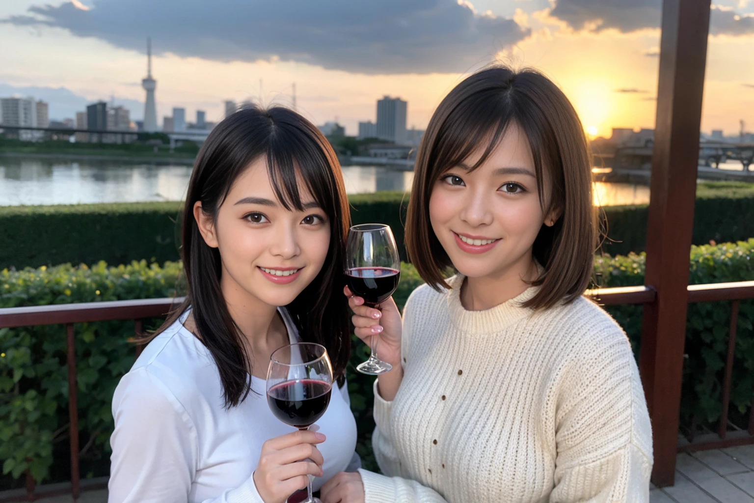 ((Highest quality、、masterpiece:1.3))、1 male、1 female、37 years old 39 years old、Slim Beauty、Beautiful couple、Upper Body、smile、 (Slim face), (the body is スリム), (Brown Hair), (Shortcuts), テーブルのフルコースディナーとwine glass、Amazing view of the sunset sky and clouds、smileの美しさ、Wine bottle、sparkling wine、Long sleeve shirt、dress、White wine, red wine, wine glass, Beautiful fine grain, Depth f/2,saturation, High Contrast, Strong light and shadow,Moist Body:1.5、3D texture、The hair is very shiny、