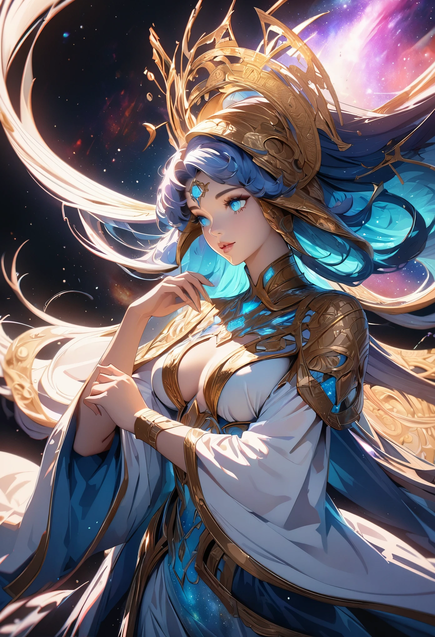 (Galaxy Goddess, Astrologer woman, Stargazer), Beautiful detailed eyes, Beautiful detailed lips, Highly detailed eyes and face, Long eyelashes, Elegant robes, Dramatic lighting, Glowing galaxies, Mysterious atmosphere, Vast Universe, ((Fortune-telling dance, Random Action)), Face Close Up, Intricate details, A calming color palette, Cinematic composition, Fantasy art, Digital Art, Anime Style, Detailed digital illustration, (Highest quality, 4K, 8K, High Contrast, masterpiece, Best aesthetics).