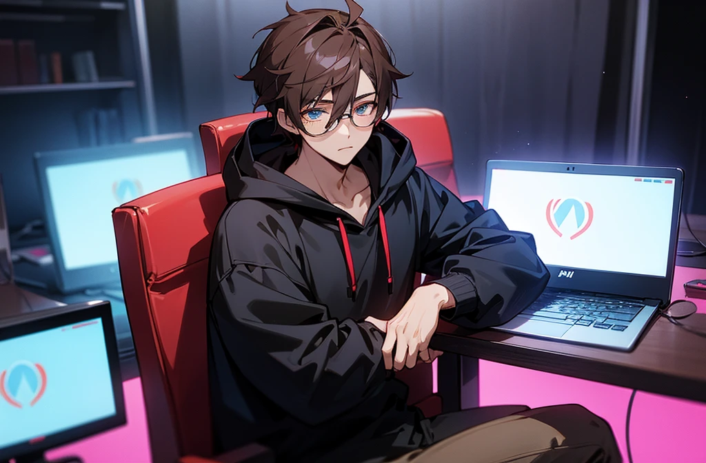 A handsome anime boy is sitting on a chair in the studio in front of whom there is a table and a laptop and mic are placed on the table. The man is wearing a black hoodie and black glasses and his hair is brown. There are red and blue neon lights in the background.