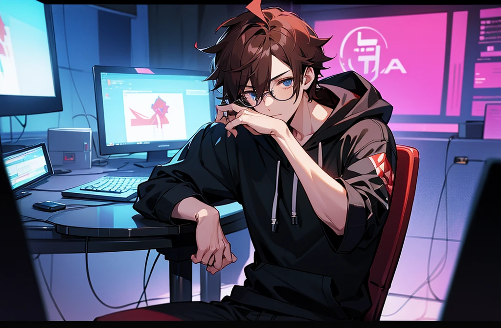 A handsome anime boy is sitting on a chair in the studio in front of whom there is a table and a laptop and mic are placed on the table. The man is wearing a black hoodie and black glasses and his hair is brown. There are red and blue neon lights in the background.