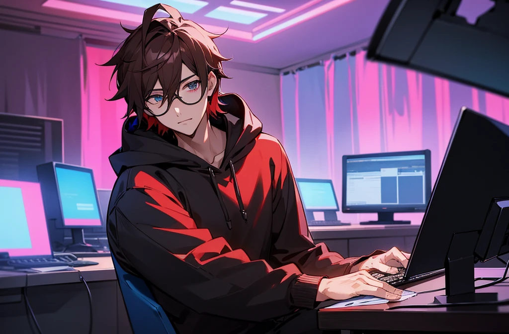 A handsome anime boy is sitting on a chair in the studio in front of whom there is a table and a laptop and mic are placed on the table. The man is wearing a black hoodie and black glasses and his hair is brown. There are red and blue neon lights in the background.