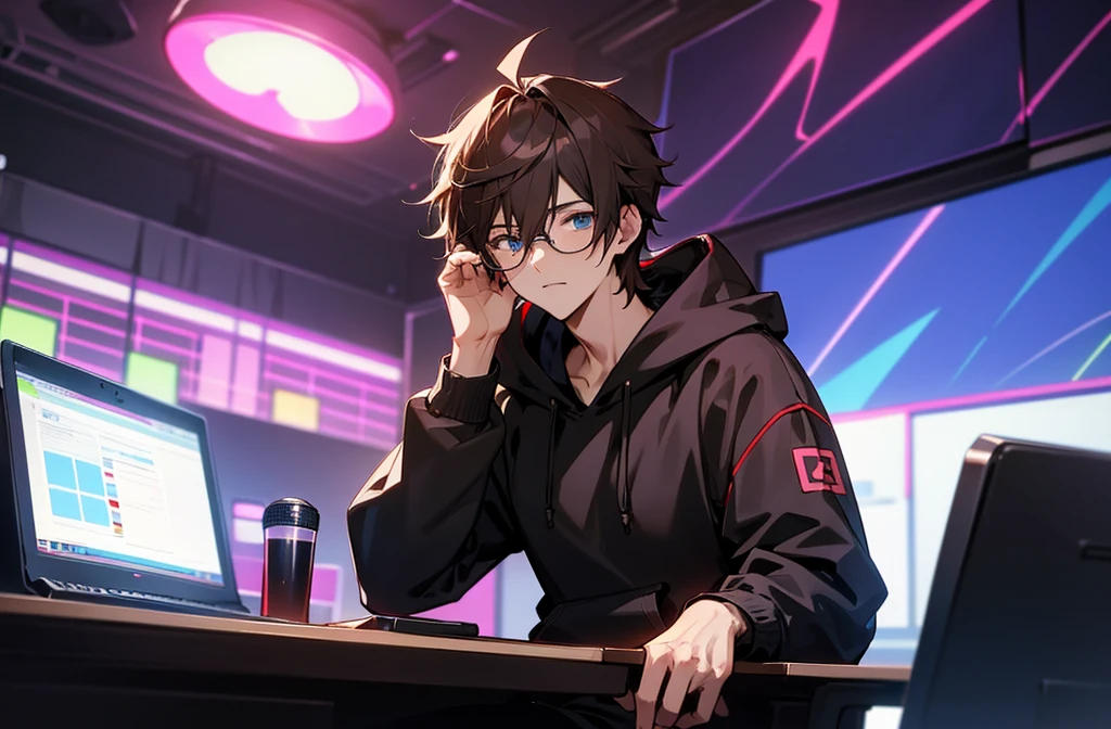 A handsome anime boy is sitting on a chair in the studio in front of whom there is a table and a laptop and mic are placed on the table. The man is wearing a black hoodie and black glasses and his hair is brown. There are red and blue neon lights in the background.