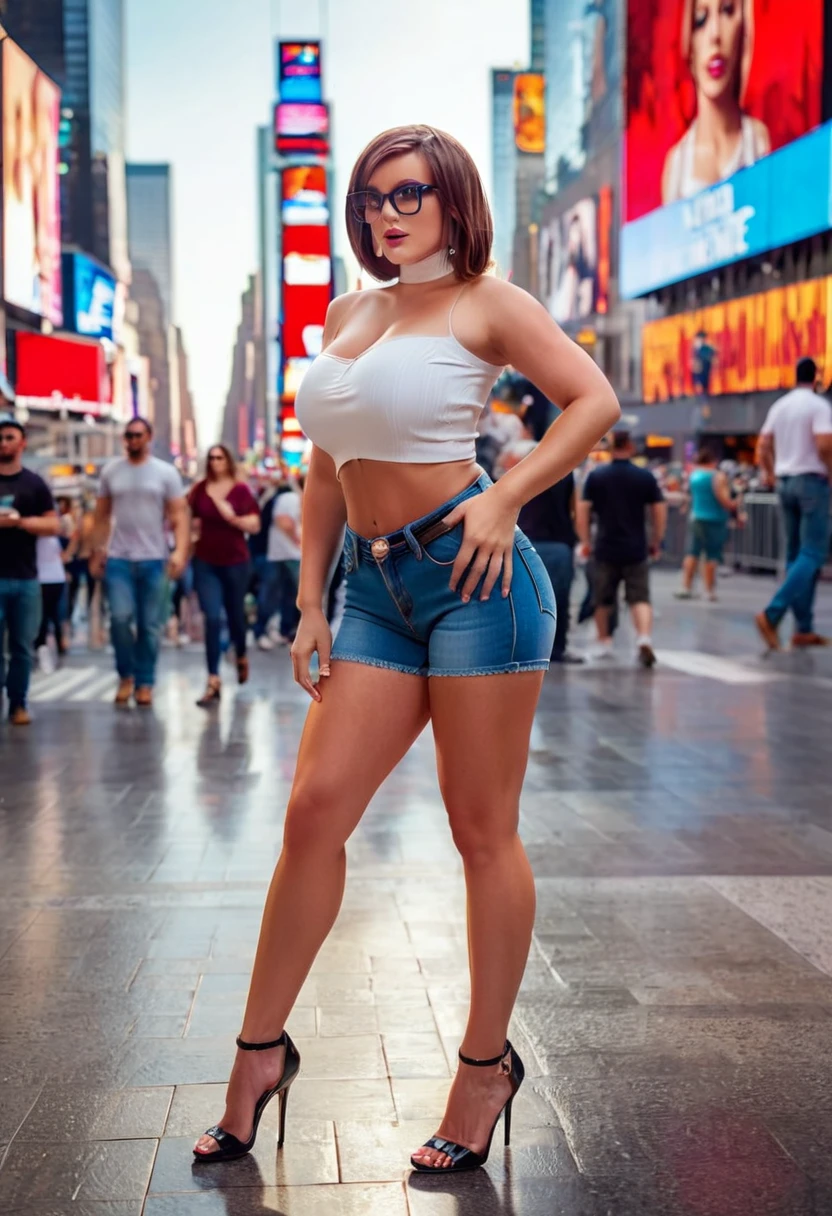 A sexy woman,natural make up,curvy body,large_breasts,braless,wearing white tube top shirt with spandex and jeans short pant,stilettos,high heels,seductive pose,daylight at time square,dinamic lighting,masterpiece,ultra detailed,movie scene, dramatic photo,perspective,vignete,cinematic