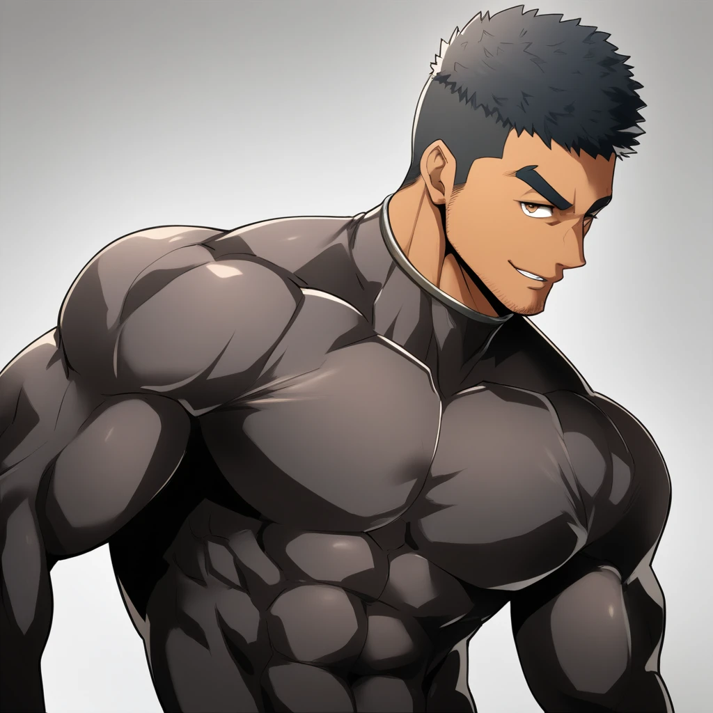 anime characters：Gyee, Muscle Sports Student, negro black skin, 1 dark skin muscular tough guy, Manliness, male focus, Brown long-sleeved high-necked tight diving suit, Very tight, Round, full and perky chest muscles, Perfect waist line, Slightly transparent, muscular male, muscular, only, Upper body, alone, Black short hair, Thick eyebrows, stubble, Brown eyes, Grey background, simple background, amazing quality, best aesthetics, Ridiculous, bright pupils, crew cut, parted lips, seductive smile, torogao, naughty face, best quality