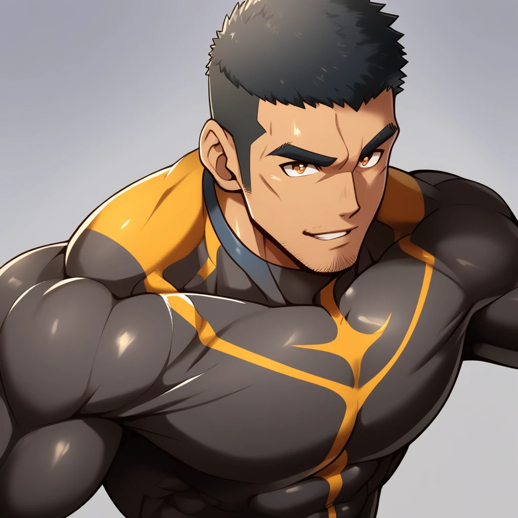 anime characters:Gyee, Muscle Sports Student, negro black skin, 1 dark skin muscular tough guy, Manliness, male focus, Brown long-sleeved high-necked tight diving suit, Very tight, Round, full and perky chest muscles, Perfect waist line, Slightly transparent, muscular male, muscular, only, Upper body, alone, Black short hair, Thick eyebrows, stubble, Brown eyes, Grey background, simple background, amazing quality, best aesthetics, Ridiculous, bright pupils, crew cut, parted lips, seductive smile, torogao, naughty face, best quality