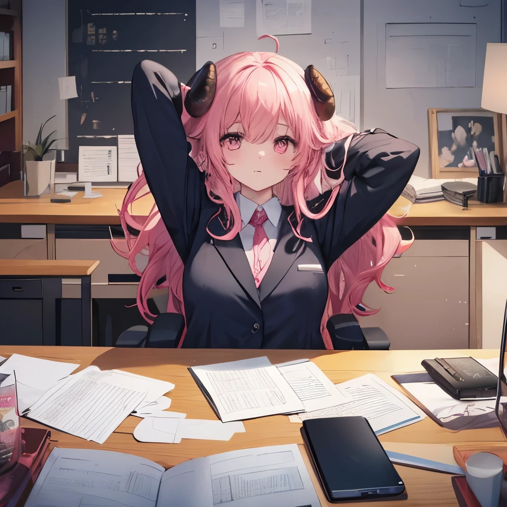 An anime-style illustration of ‘Fua-chan’ working late and then stretching to relax in her chair. Fua-chan has distinctive features: long pink hair styled in soft curls resembling sheep’s horns, and pink eyes. She is depicted sitting at a desk with a laptop and scattered documents, showing signs of a long workday. Her expression is one of relief and relaxation as she stretches her arms above her head while sitting back in her chair. She is dressed in professional attire. The background shows a dimly lit office space with a clock indicating late hours, creating a calm and quiet atmosphere as she takes a moment to unwind.