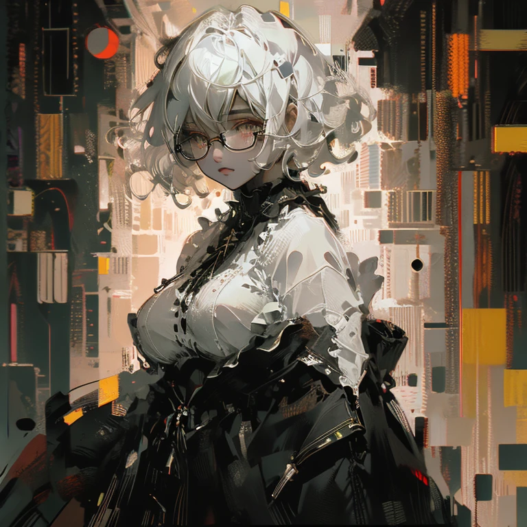 Highest quality,Highest Resolution,One Woman,Big Breasts,Short Bob,Very beautiful eyes,whole body,Glasses,Colorful,Silver Hair,Brown Skin