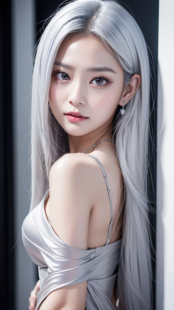 TWICE tzuyu, Attractive woman, silvery white hair, long hair, sex appeal, lustrous look, narrow eyes, small face, tall, slanted eyes, fair breasts