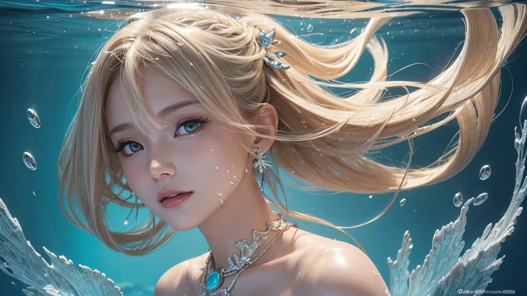 (Highest Quality Realistic Textured Skin),(terrible),(OK, round, Symmetrical eyes),Delicate facial features,(Burning bright cold eyes),(She has a mischievous smile),(Her face is kind and beautiful),Glass earrings in the ears,,(blonde),(Silvery white hair),(Chestnut Hair),(Swim at the bottom of the ocean),(Full body portrait:1.5),(Dramatic Photos:1.4),(Dramatic Pose),(Flashy photos)(look up),(Looking down),(Around her neck is a simple necklace made with exquisite craftsmanship.),Cluttered photos,(Hair flowing in water:1.5),(Underwater, Life at sea, 美しいCoral Reef, fish),(Background vortices and currents),(Dramatic Light),(Nice views),(美しいfishに囲まれて),遠くの背景にはCoral Reefに沈んだ寺院が見える,Coral Reef,Spectacular realism,Cinematic atmosphere,(High-density image review:1.5),(Soft colors:1.2),Very detailed,Dramatic Light,(Intricate details:1.1),Complex background,