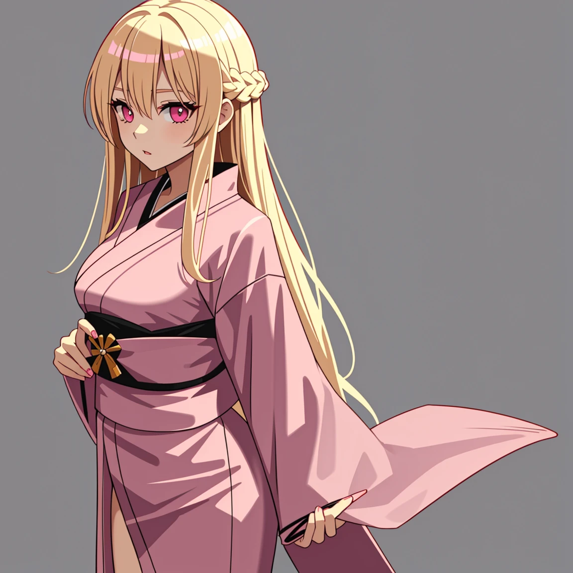 adult woman, pink eyes, long blonde hair, sexy short kimono, 18+