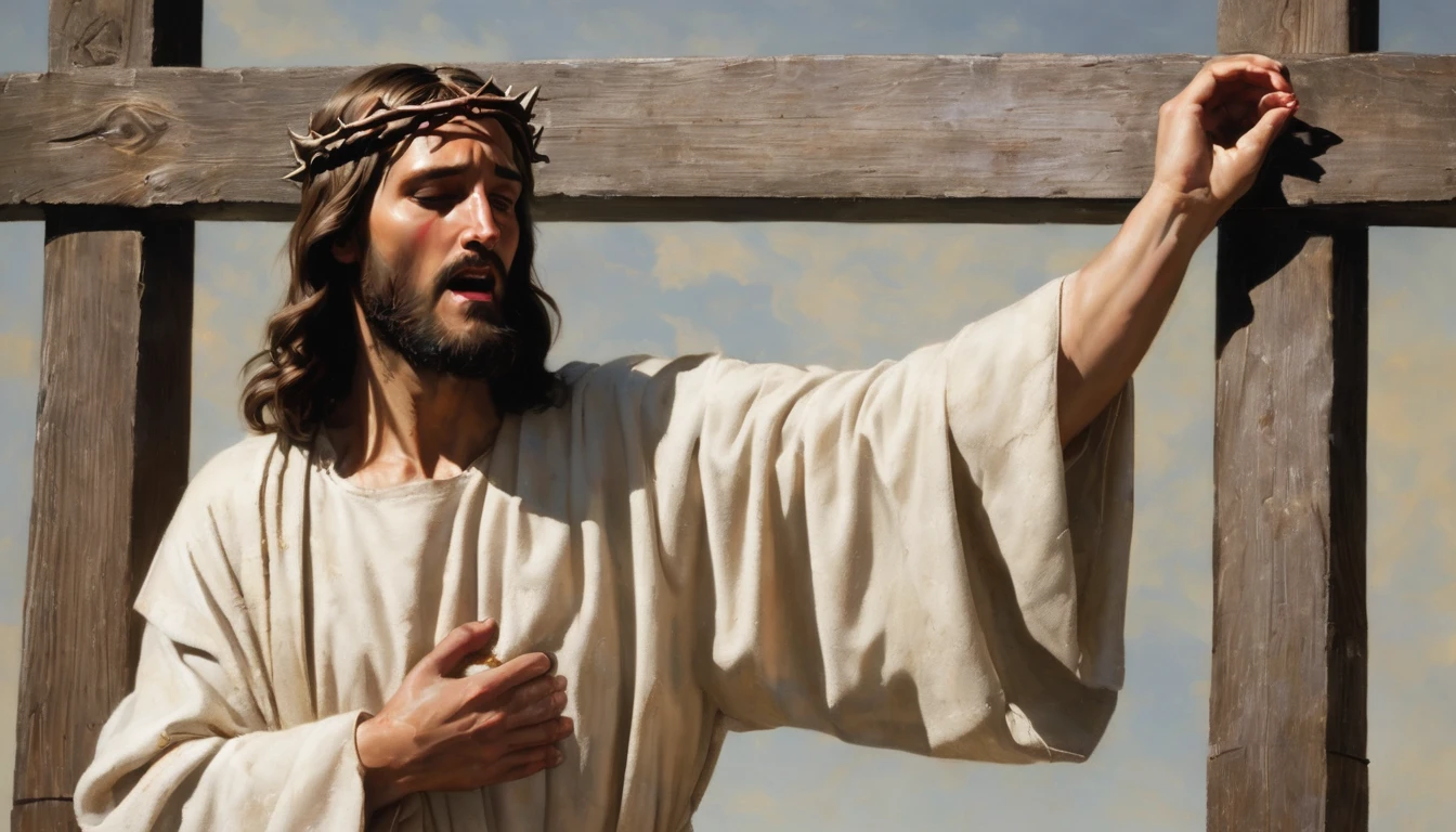 Neutral background, without many details to focus on the main figure.
Soft light, without strong shadows, illuminating evenly.
Main Figure:
Jesus Christ crucified on a wooden cross.
Jesus is dressed in a simple white tunic, which only covers his waist.
He is wearing a crown of thorns on his head.
His body is covered in whip marks and wounds, especially on his arms and chest.
Expression of pain and suffering on Jesus' face, with half-open eyes and slightly open mouth.
Additional Elements:
A sponge soaked in vinegar or brown liquid, attached to a wooden rod, is being offered to Jesus' mouth.
A person's hand holding the stem of the sponge, suggesting that he is helping or giving him something to drink.
Blood oozing from Jesus' wounds, especially on his hands and feet, where the nails are embedded.
Image Composition:
Medium framing, focusing mainly on the torso and face of Jesus, including the cross.
The image should convey a sense of sacrifice and suffering, capturing the moment of Christ's Passion.