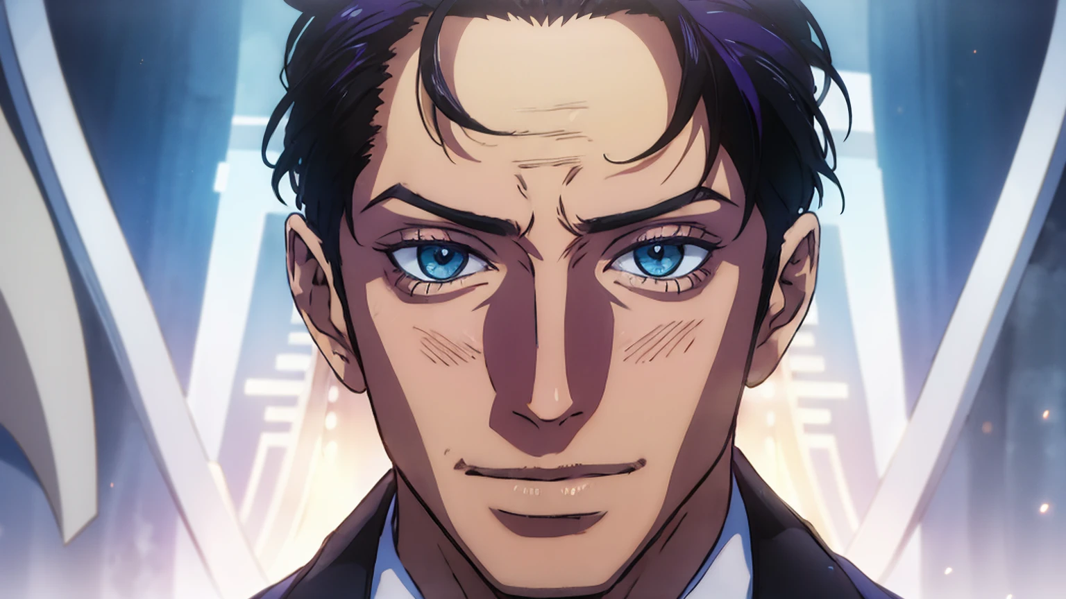 (Highest quality,4K,8K,High resolution,masterpiece:1.2),Super detailed,(Realistic,photoRealistic,photo-Realistic:1.37),1 person,31 years old,Mature Men,very handsome,Expressionless,smile,Purple Short Hair,blue eyes,Sharp Eyes,A perfect face without a doubt,Intimidating posture,Businessman,Office Background,Cinema Lighting,HDR image