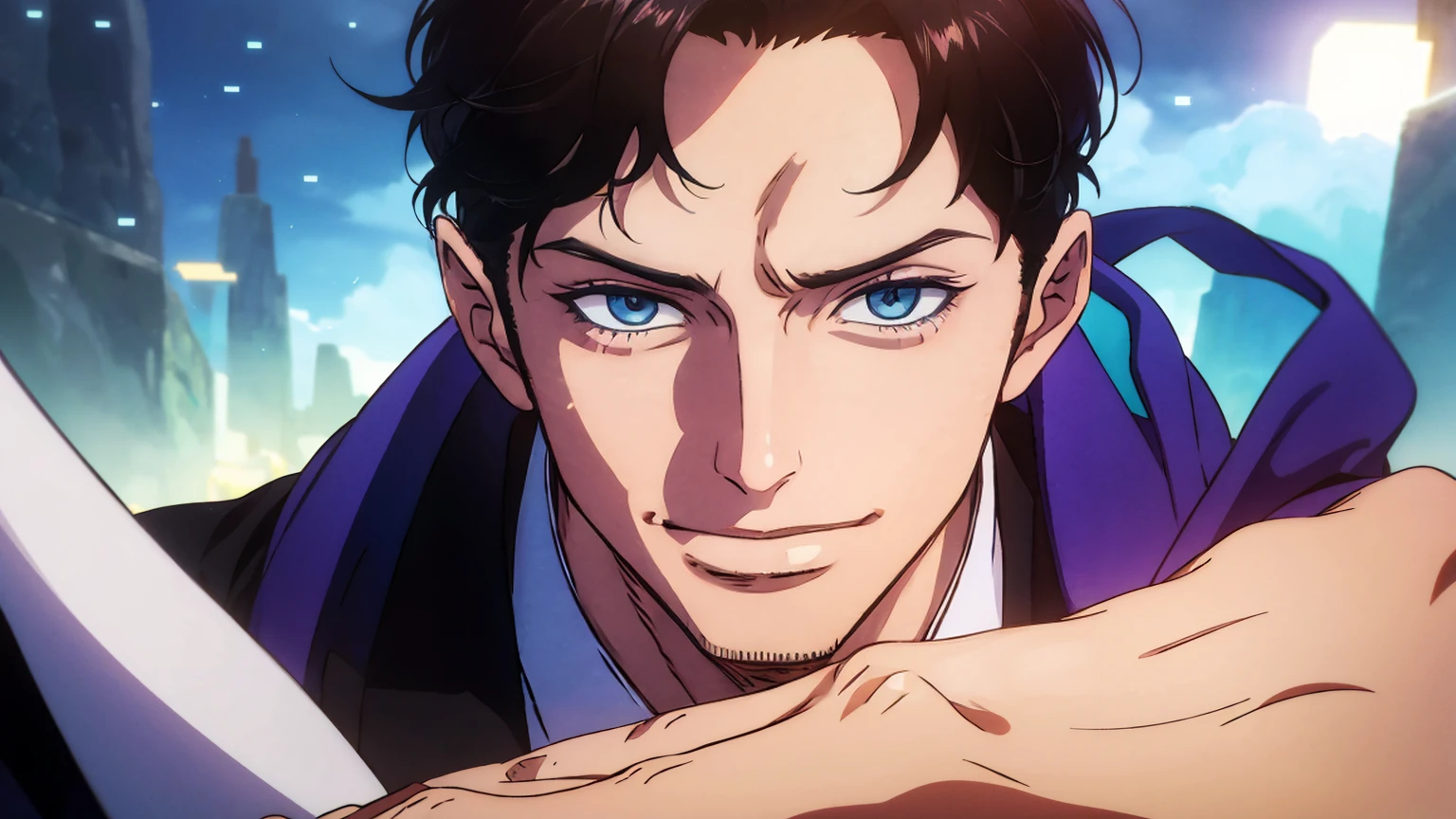 (Highest quality,4K,8K,High resolution,masterpiece:1.2),Super detailed,(Realistic,photoRealistic,photo-Realistic:1.37),1 person,31 years old,Mature Men,very handsome,Expressionless,smile,Purple Short Hair,blue eyes,Sharp Eyes,A perfect face without a doubt,Intimidating posture,Businessman,Office Background,Cinema Lighting,HDR image