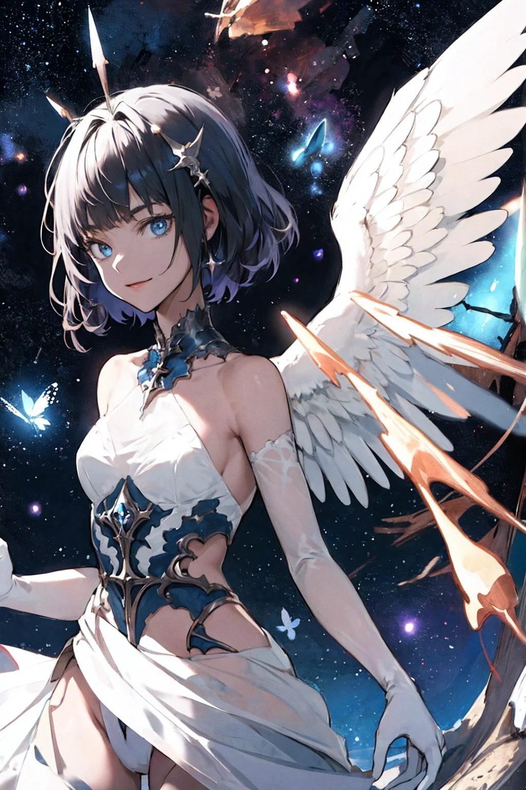 (Masterpiece), (Best Quality: 1.4), absurdities, [:intricate details:0.2],witch, angel wings, milky way, sky, bright aura, intense focus, crackling energy, mysterious symbols, bright specks,Paticulas,many details