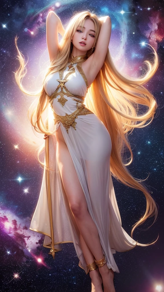 (masterpiece、Highest quality、High resolution、8K、16K)、((Alone in space、Beautiful Goddess、Standing posture、フローティング in the sky like a star))、(whole body)、Golden Cape、White long dress、No sleeve、Gold Bracelet、Blonde Hair、Beautiful brown eyes、Detailed face、Graceful operation、Close your eyes and put your arms up、Professional Lighting、The universe is full of light、Countless stars and nebulae、