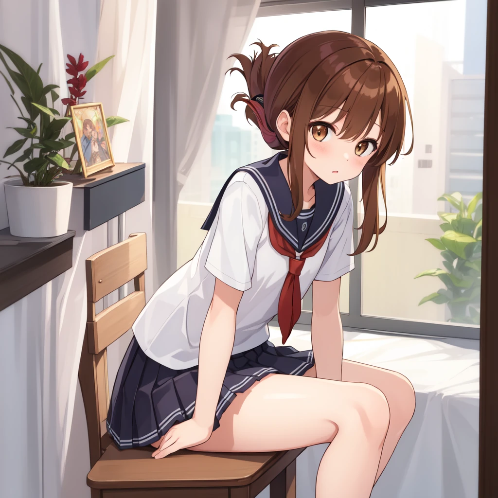 (masterpiece, best quality:1.2),illustration,8k,hd,1girl,solo,upper body,(portrait:1.2),brown_hair,folded_ponytail,brown_eyes,serafuku,long_hair,school_uniform,skirt,pleated_skirt,