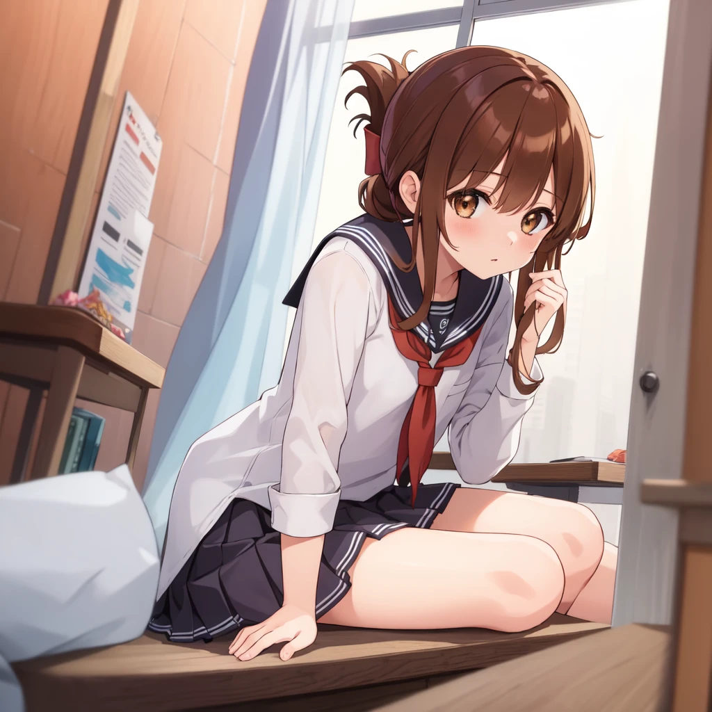 (masterpiece, best quality:1.2),illustration,8k,hd,1girl,solo,upper body,(portrait:1.2),brown_hair,folded_ponytail,brown_eyes,serafuku,long_hair,school_uniform,skirt,pleated_skirt,