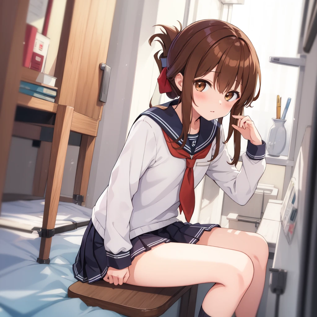 (masterpiece, best quality:1.2),illustration,8k,hd,1girl,solo,upper body,(portrait:1.2),brown_hair,folded_ponytail,brown_eyes,serafuku,long_hair,school_uniform,skirt,pleated_skirt,
