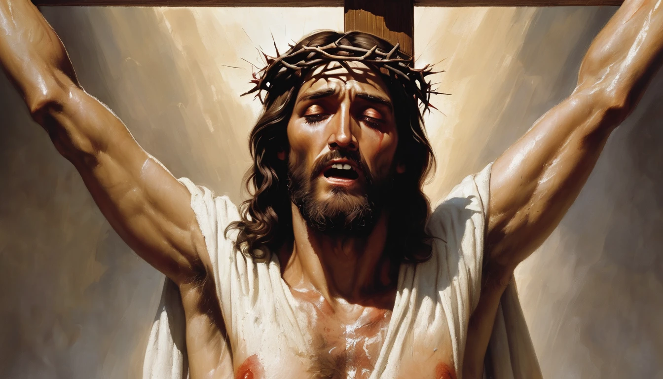 Neutral background, without many details to focus on the main figure.
Soft light, without strong shadows, illuminating evenly.
Main Figure:
Jesus Christ crucified on a wooden cross.
Jesus is dressed in a simple white tunic, which only covers his waist.
He is wearing a crown of thorns on his head.
His body is covered in whip marks and wounds, especially on his arms and chest.
Expression of pain and suffering on Jesus' face, with half-open eyes and slightly open mouth.
Additional Elements:
A sponge soaked in vinegar or brown liquid, attached to a wooden rod, is being offered to Jesus' mouth.
A person's hand holding the stem of the sponge, suggesting that he is helping or giving him something to drink.
Blood oozing from Jesus' wounds, especially on his hands and feet, where the nails are embedded.
Image Composition:
Medium framing, focusing mainly on the torso and face of Jesus, including the cross.
The image should convey a sense of sacrifice and suffering, capturing the moment of Christ's Passion.