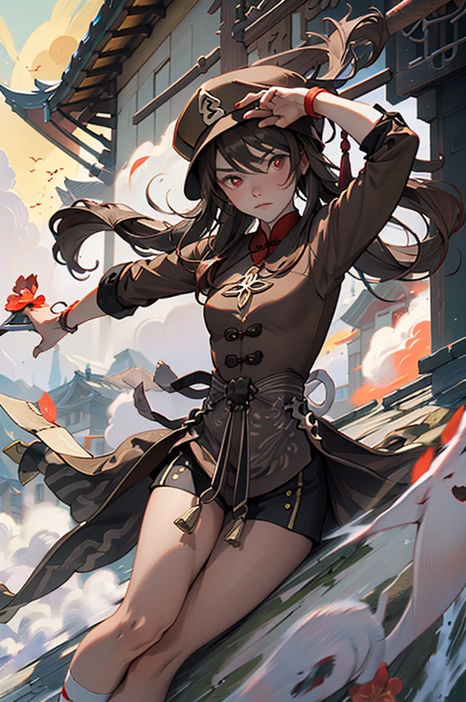 1 girl solo, brown jacket, long brown hair, red eyes, brown hat with red flowers, in a small medieval chinese town, old chinese buildings, mountains far on background, chinese temple