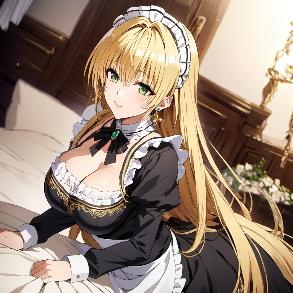 The gorgeous Victorian maid outfit features gorgeous gold embroidery and trim.、((Highest quality)), ((masterpiece)), (detailed), （Perfect Face）、The woman is Tierre, with green eyes, medium-long blonde hair, a Victorian maid outfit and maid headband, jeweled earrings, and an engagement ring.、The woman is smiling fondly in a luxurious room、The Victorian maid uniform is a calm, old-fashioned type with long sleeves and a long skirt, decorated with luxurious gold embroidery and edging.