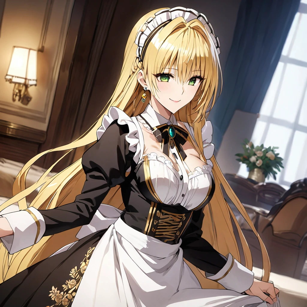The gorgeous Victorian maid outfit features gorgeous gold embroidery and trim.、((Highest quality)), ((masterpiece)), (detailed), (Perfect Face)、The woman is Tierre, with green eyes, medium-long blonde hair, a Victorian maid outfit and maid headband, jeweled earrings, and an engagement ring.、The woman is smiling fondly in a luxurious room、The Victorian maid uniform is a calm, old-fashioned type with long sleeves and a long skirt, decorated with luxurious gold embroidery and edging.