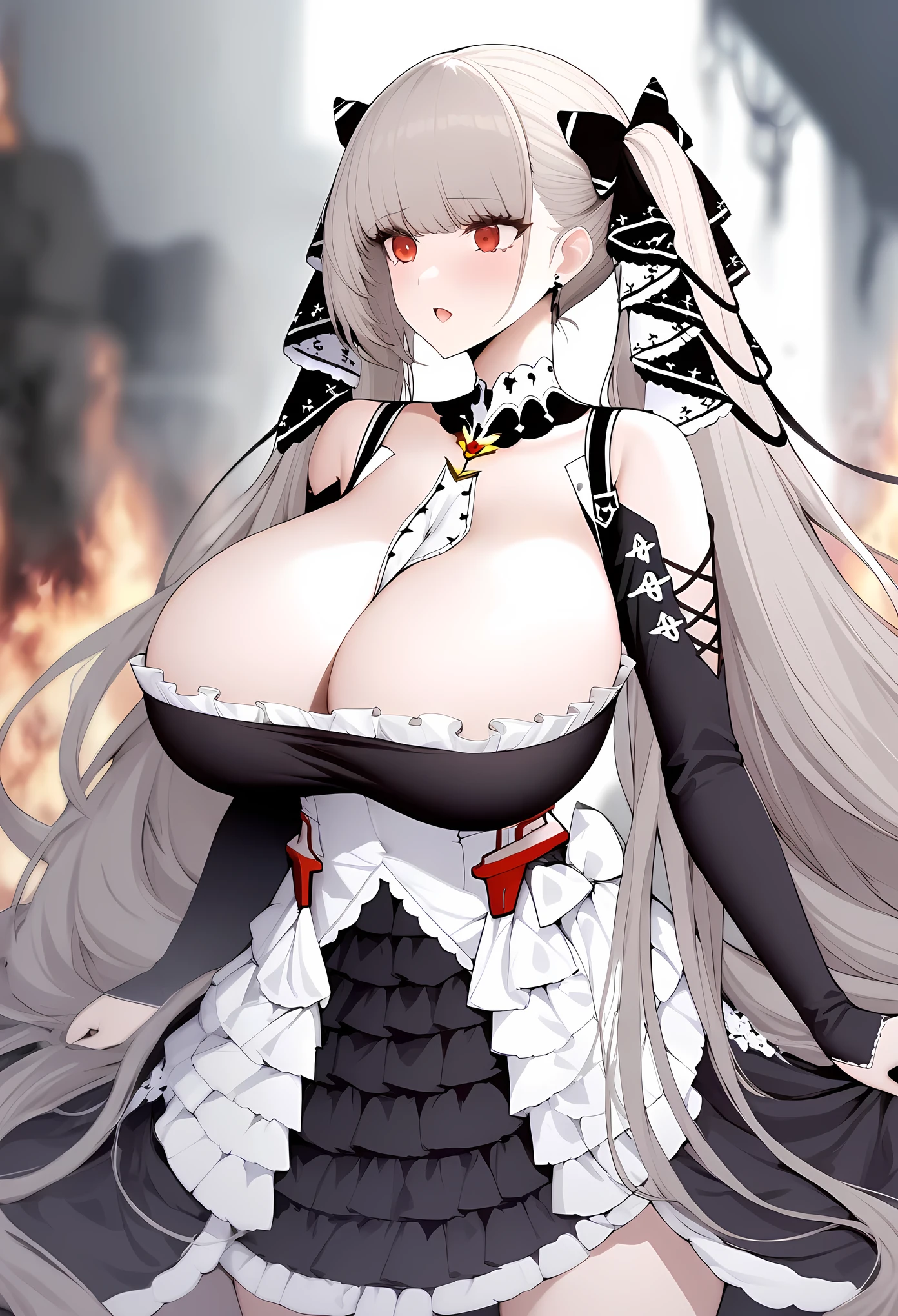 masterpiece, best quality, very aesthetic, absurdres, 1girl, ,formidable_(azur_lane), azur_lane,1girl, red_eyes, very_long_hair, grey_hair, hair_ribbon, long_hair, twintails, absurdly_long_hair, white_ribbon, bare_shoulders, between_breasts, black_dress, black_ribbon, breasts, cleavage, detached_collar, dress, earrings, frilled_dress, frills, huge_breasts, jewelry,necktie, necktie_between_breasts,two-tone_dress, two-tone_ribbon, white_dress,,in hell,surprised,blur background,background defocus,