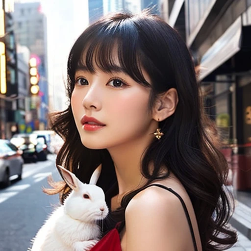 Japanese women、Black Hair Semi-Long、Loose perm、bangs、Delicate face、A melancholic look、Glowing Skin、Beauty、Black dress、See-through material、Glamorous makeup、Red glossy lip、Holding a rabbit、Sunny City