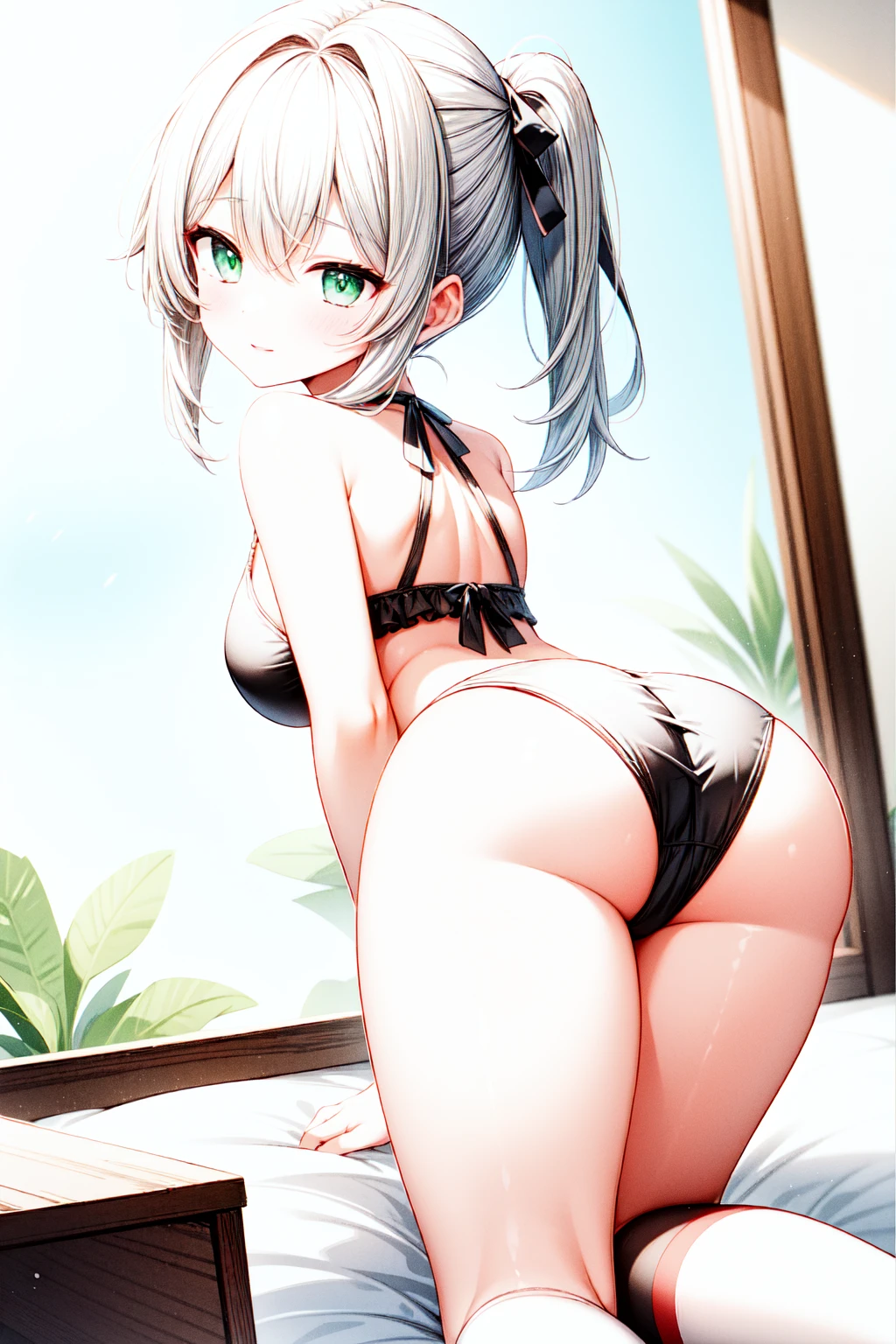 1girls, nahidadef, ass, swimsuit, looking_at_viewer, all_fours, bikini, looking_back, blush, from_behind, white_bikini, smile, thighs, yellow_bikini, bare_shoulders, closed_mouth, parted_lips, kneehighs, indoors, ass_focus, spread legs, on bed