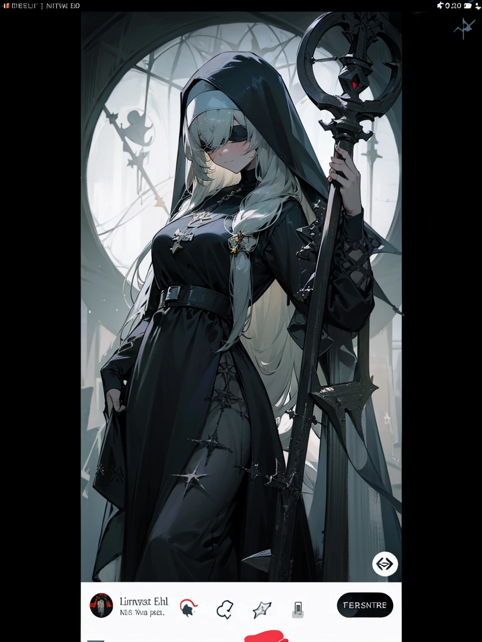 a nun with a blindfold and a modest black church nun outfit, with some silver jewelry, she also wears a long see through veil on her head, with a faded sliver star shaped halo at the back, she is holding her hands together symbolizing a prayer gesture.