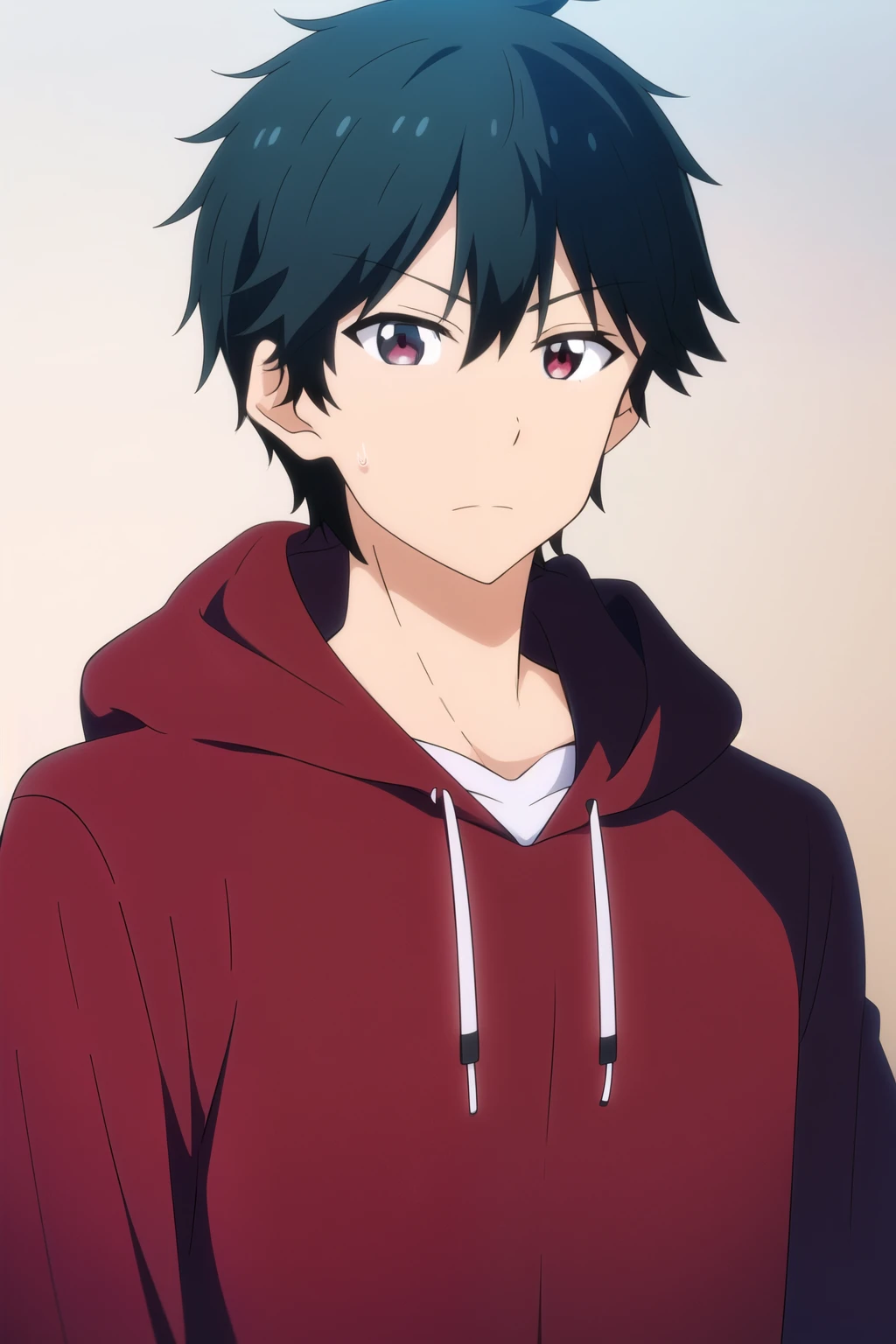 masterpiece, best quality, high quality, 1boy, solo, male focus, looking at viewer, upper body, masamune_makabe, black hair, red eyes, black hoodie