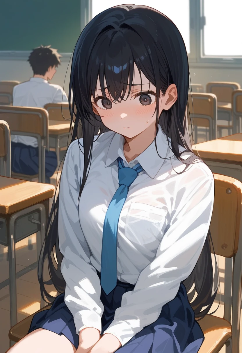 Hoshino Ichika,Project Sekai,project sekai,One girl,feel ashamed,high school girl,Blue-black hair,black eye,beautiful girl,long hair,School,White shirt,Blue tie,skirt,Sitting in a chair,Watching the audience,nsfw,Secretly showing off her bra,