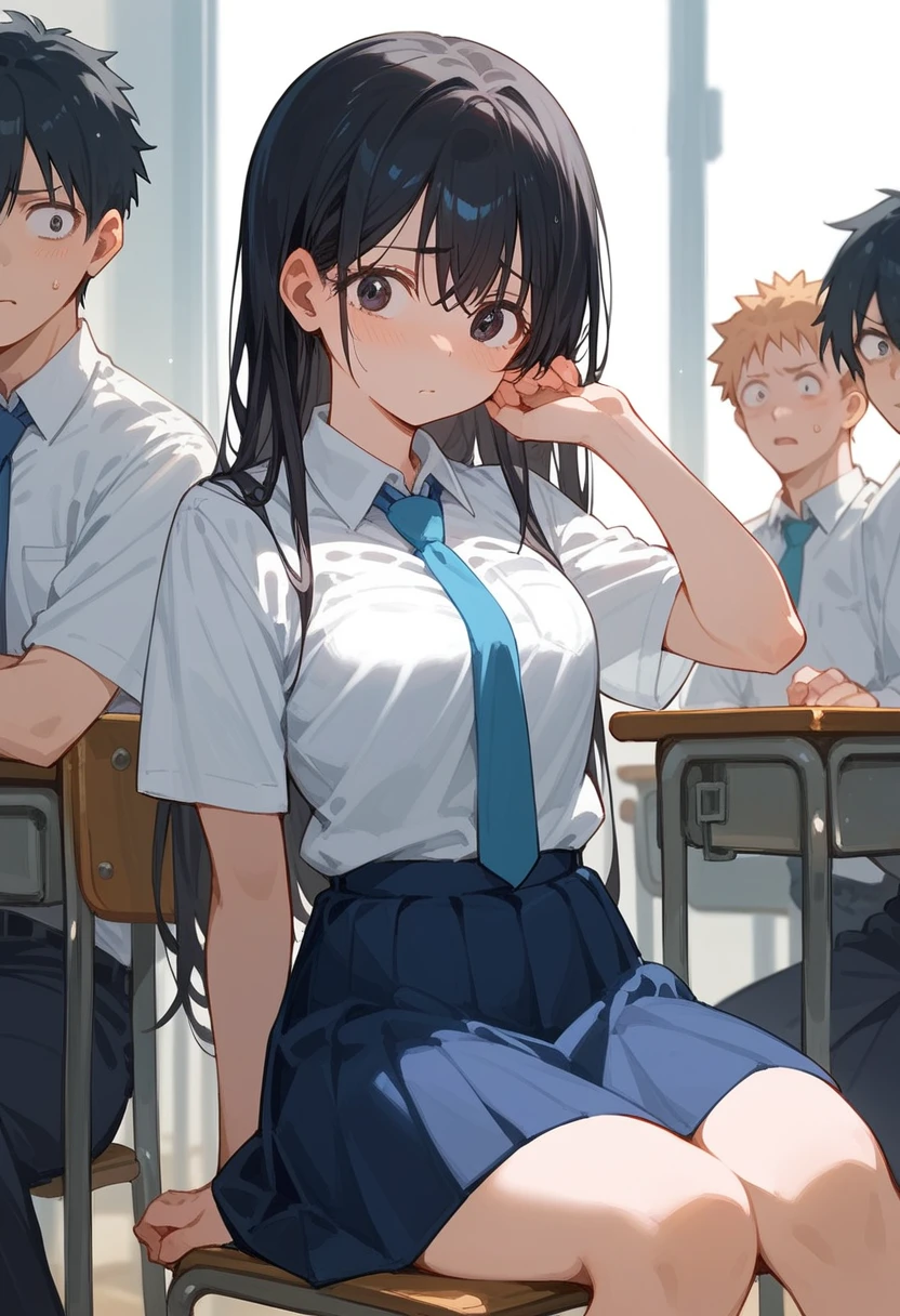 Hoshino Ichika,Project Sekai,project sekai,One girl,feel ashamed,high school girl,Blue-black hair,black eye,beautiful girl,long hair,School,White shirt,Blue tie,skirt,Sitting in a chair,Watching the audience,Spread your legs,Light blue pants,,