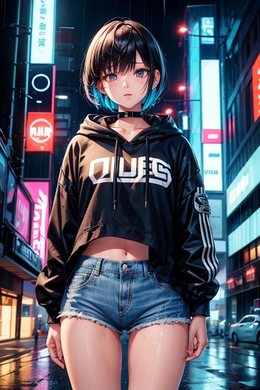 A girl with short hair down to her neck who resembles Kana Arima, Wearing streetwear denim pants and headphones, Blue hoodie, Rain falling in a vibrant, futuristic cityscape illuminated by neon lights. Standing in the middle of a big intersection
