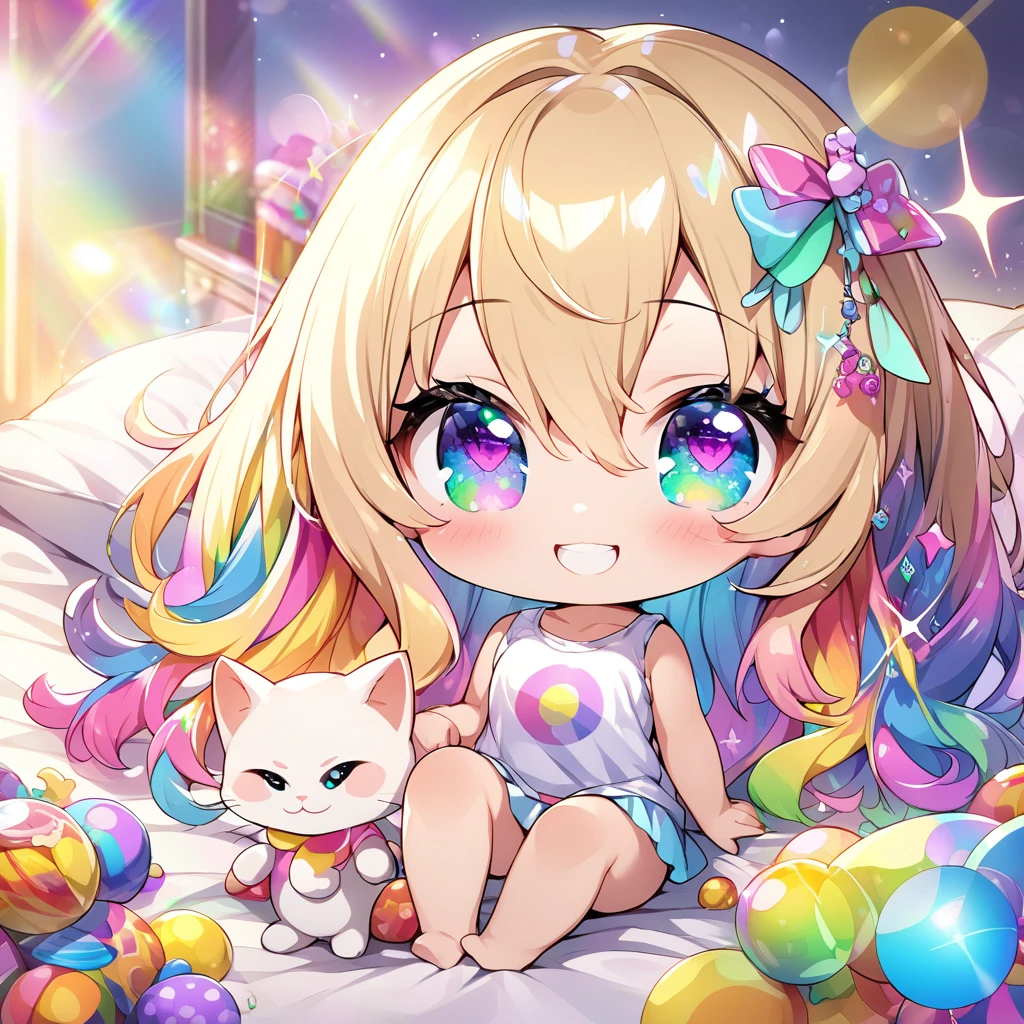 masterpiece, best quality, 4k、2D illustration、one beautiful girl、solo、(((chibi style)))、((vivid colors))、cute chibi、lovely chibi、long beautiful hair, glossy blonde hair, hair between eyes, cute、beautifully detailed eyes、((tank top))、((miniskirt))、((colorful))、((happy smile))、sitting on bed、((full body shot))、((kitten)), ((lots of colorful stuff around))、((bed))、sparkle、((lens flare))、